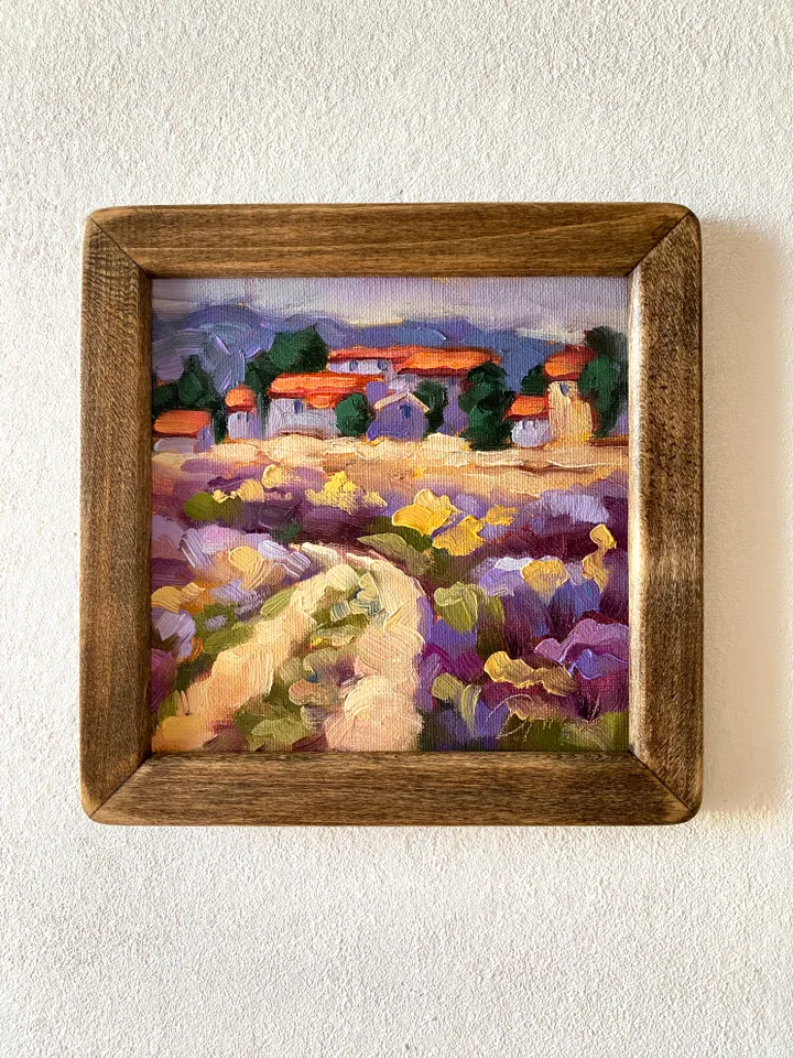Lavender Fields Painting Tuscany Original Art Landscape Oil Painting Impasto Small Artwork 6x6 Tuscan Serenity Painting Wild Flowers