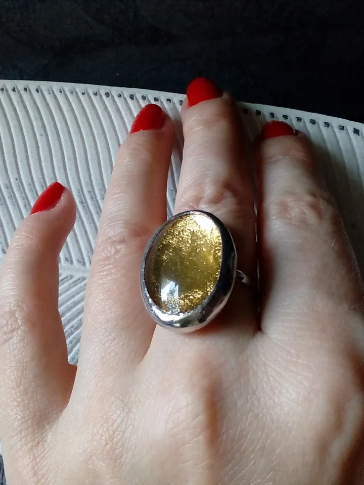 Glass ring, large oval ring, simple stained glass, tin soldered ring, stained glass ring, sparkling ring, shiny ring