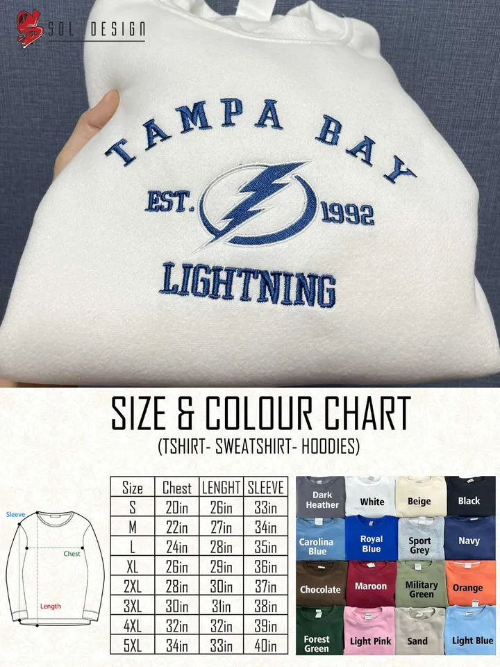 Tampa Bay Lightning Est 1992 Embroidered Sweatshirt, NHL Team Embroidered Sweater, NHL Tampa Bay Lightning Shirt, Hockey Team Embroidered Hoodie, Unisex Crewneck, NHL Hockey Team Fan Gift Tee