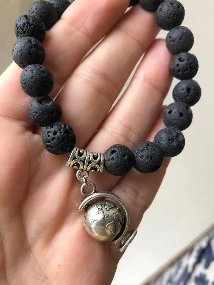 Lava Stone Globe Pendant woman handmade beaded bracelet | Gift for travellers | Spinning Pendant Jewerly | Bali Lava Jewerly Bracelet