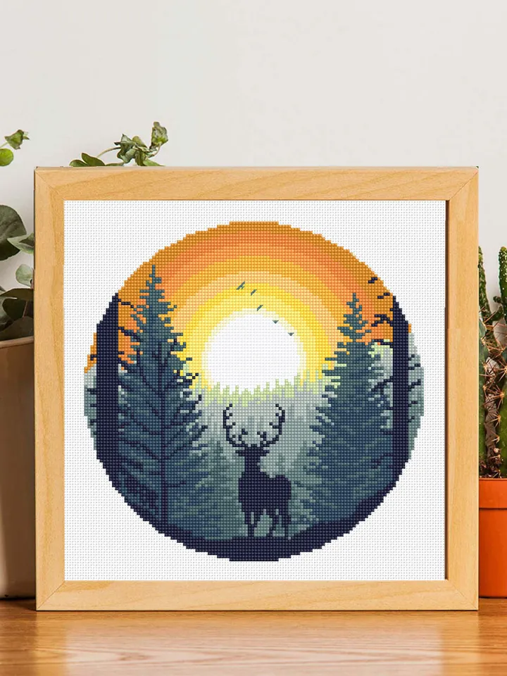 Nature landscape cross stitch pattern PDF download Deer in forest cross stitch chart, Forest sunset pattern digital PDF Deer silhouette #L75
