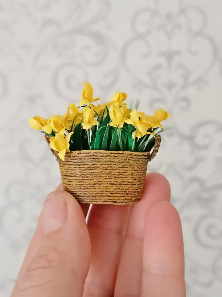 Flowers in a basket. Dollhouse miniature. Handmade. 1:12.