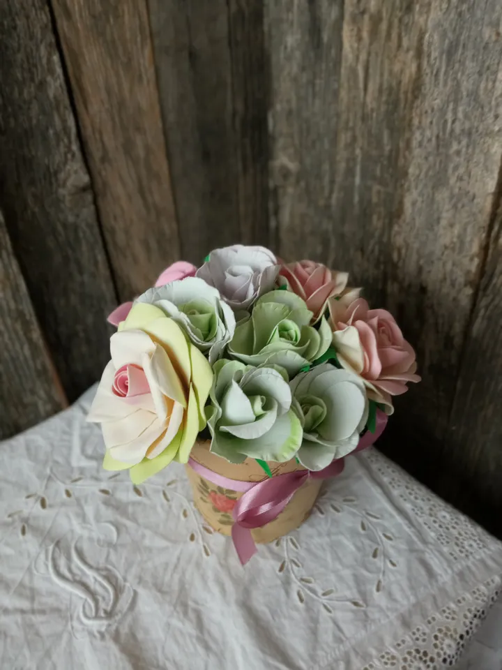Handmade Foam Rose and Eustoma Bouquet in Paper Pot with Bow - 15 cm Height. Gift for her. Birthday present. Christmas gifts
Home decor indoor. Cozy decor