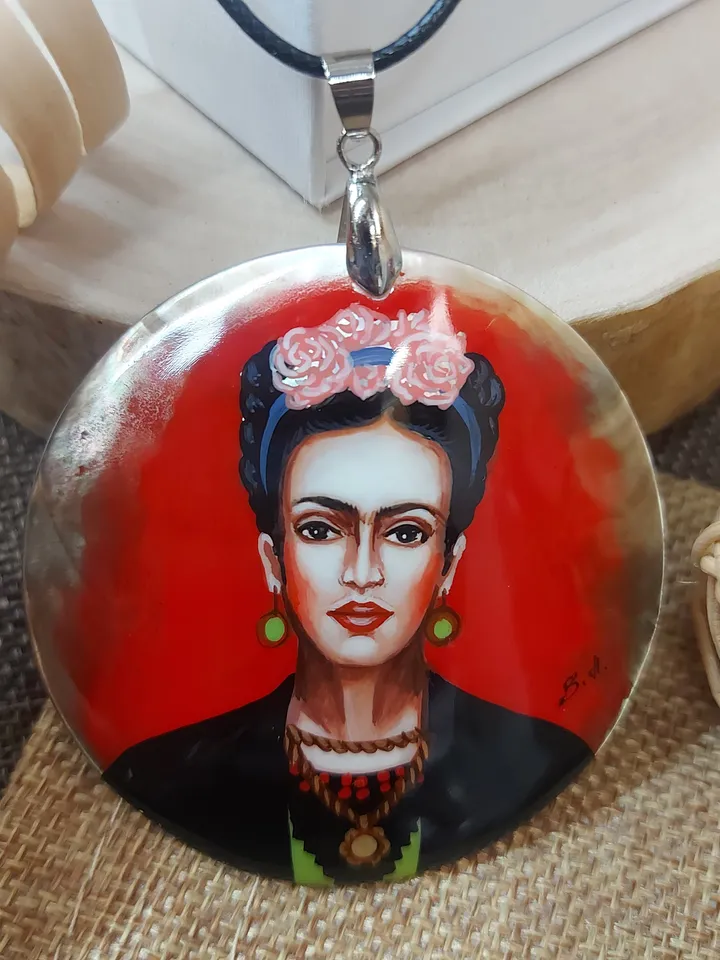Russian jewelry: Red Self-portrait by Frida Kahlo on statement pendant. Fedoskino art painting on mother of pearl necklace. Gift for sister