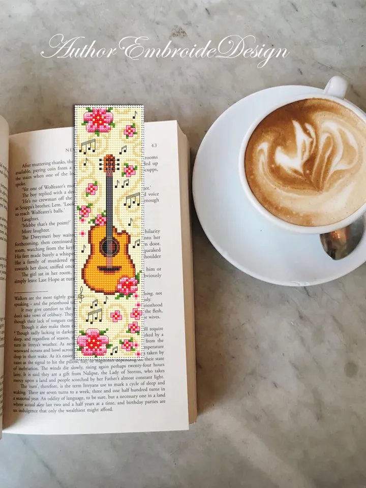 Music bookmark cross stitch pattern PDF download Acoustic guitar cross stitch chart, Flower bookmark pattern digital PDF Floral guitar #B408