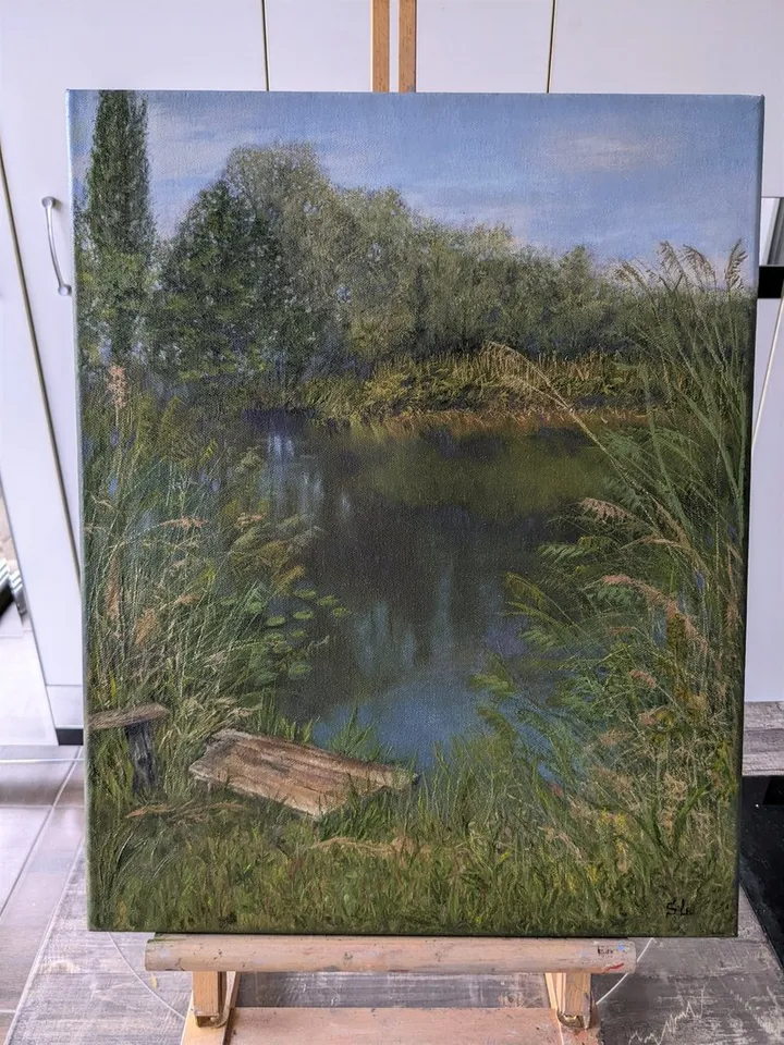 Summer landscape oil painting with a river, green grass and trees, with a small bridge, canvas 16x12 inches