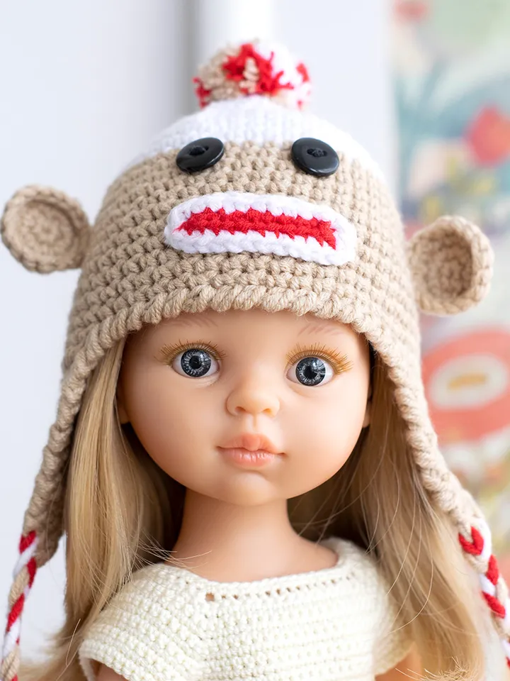 Monkey hat for Paola Reina doll, Meadowdolls Dumplings, Little Darling, Siblies, animals hat with ears for Halloween