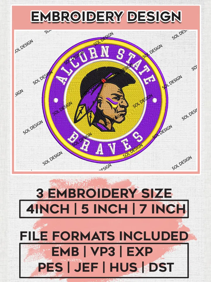 NCAA Alcorn State Braves Round Logo Embroidery, NCAA Alcorn State Braves Logo Embroidery files, NCAA Teams, Machine embroidery designs, Digital Download