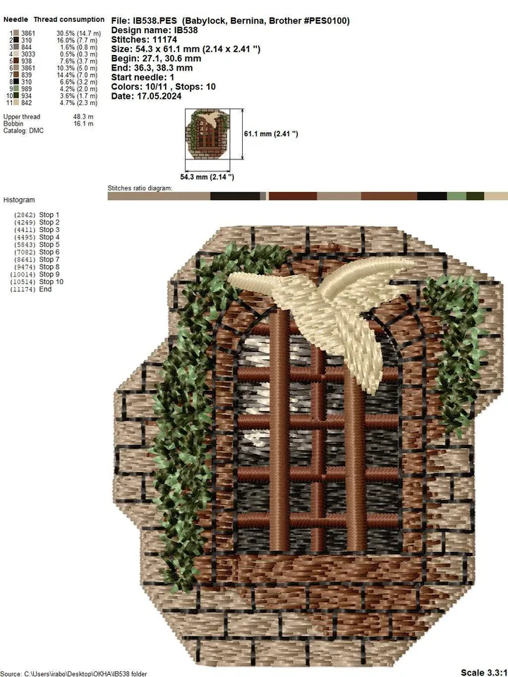 Machine embroidery design for art therapy: Brooch " Window of the old castle"