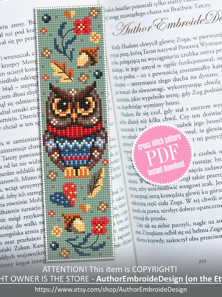 Bird bookmark cross stitch pattern PDF download Scandinavian folk owl cross stitch chart, Autumn bookmark pattern digital PDF #B429