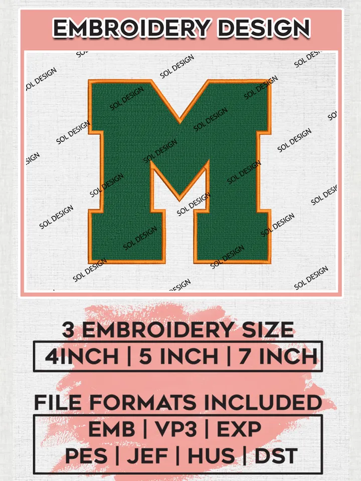NCAA Miami Hurricanes Team M Letter Logo embroidery designs, NCAA Miami Hurricanes Logo Machine embroidery designs, NCAA Team Logo embroidery designs, NCAA Game Day Machine embroidery designs, Digital Download