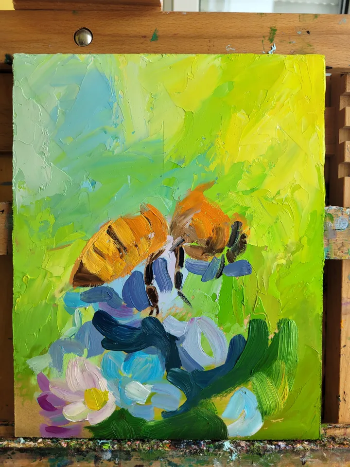 Forget Me Not Flower Honey Bee Painting Original Art Impasto Oil Painting 8x10 Birthday Gift Bee Artwork Blue Flower Wall Art by ArtFromVictoria