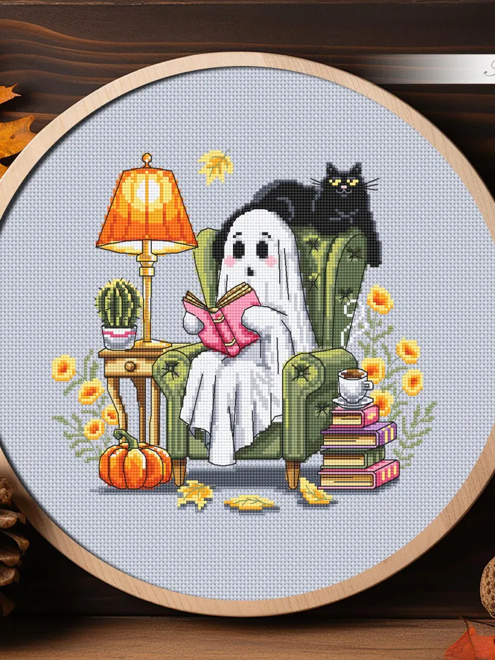 Reading ghost with black cat cross stitch pattern PDF download Cute ghost cross stitch chart, Halloween pattern digital PDF Fall leaves #H89