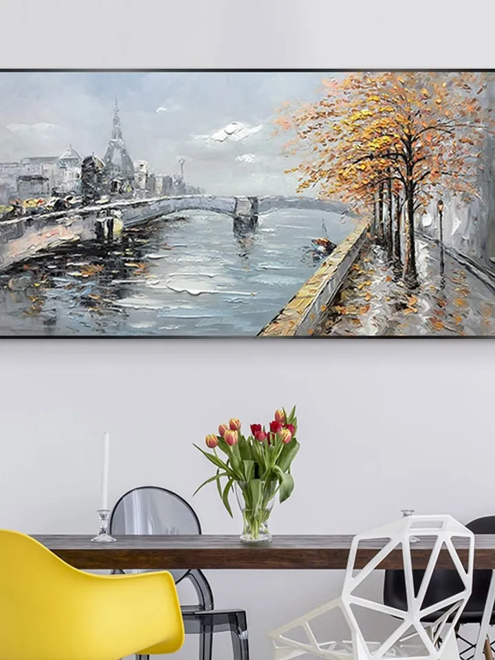 Large Original Oil Painting on Canvas,Abstract Art,Boho Wall Decor,Lake,Trees,Landscape,Bridge,Nature,Living Room Painting, Large Wall Art