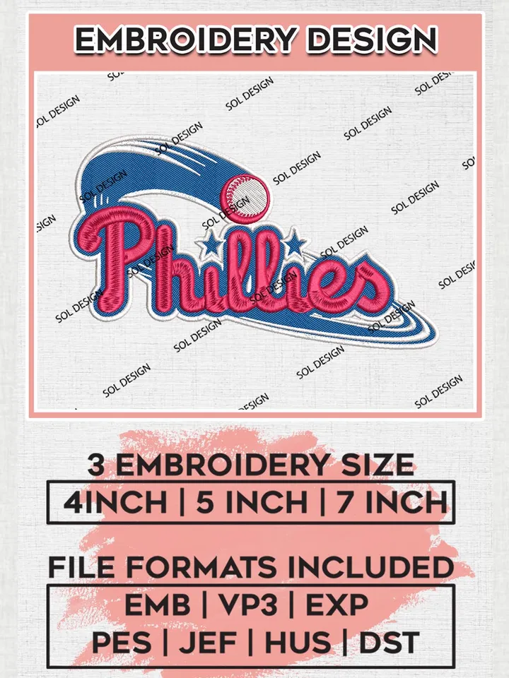 MLB Philadelphia Phillies Logo Embroidery Design Files, MLB Philadelphia Phillies Team Embroidery, MLB Teams, 3 sizes, MLB Machine embroidery designs, Digital Download