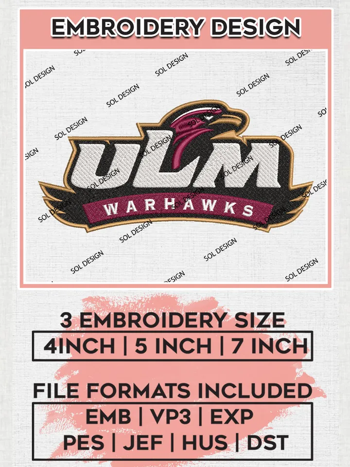 NCAA UL Monroe Warhawks Team Logo Embroidery Design Files, NCAA UL Monroe Warhawks Machine Embroidery, NCAA Teams, Game Day, 3 sizes, NCAA Machine embroidery designs, Digital Download