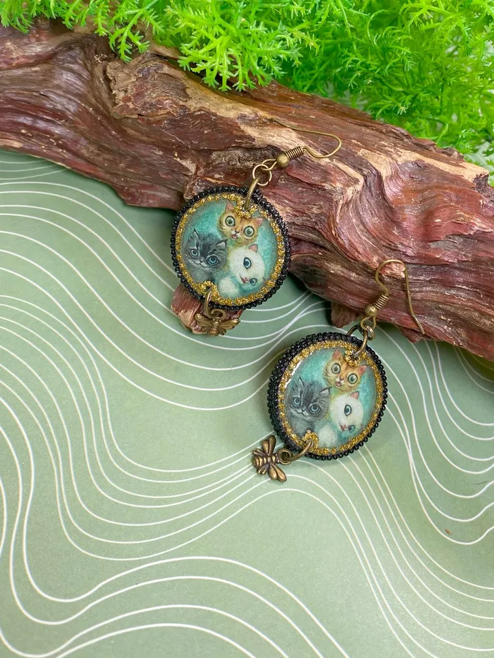 Earrings with cats. UV resin. Handmade.