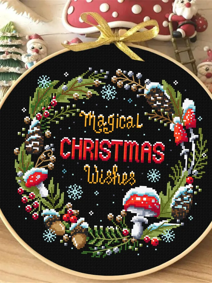 Christmas wreath cross stitch pattern download PDF Magic mushroom cross stitch chart, Holiday embroidery, Christmas pattern digital PDF #N66