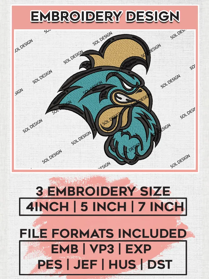 NCAA Coastal Carolina Chanticleers Mascot Logo Embroidery Designs, NCAA Logo Machine Embroidery Files, NCAA Coastal Carolina Logo, NCAA Embroidery Designs, Machine Embroidery Designs, Digital Download