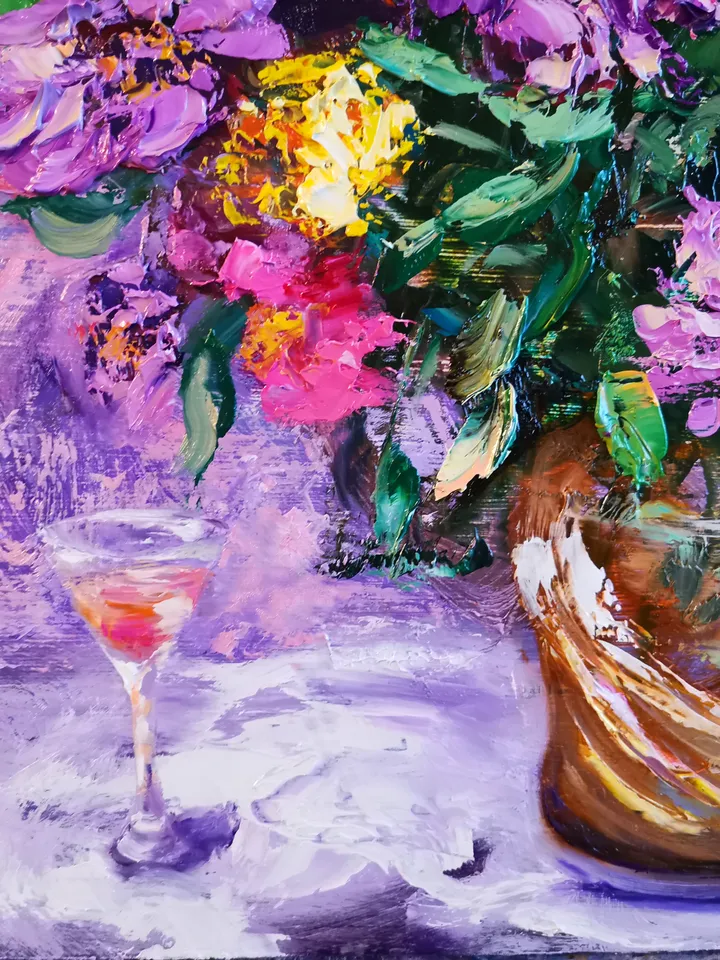 Bright Flowers Wine Oil Painting Original Impasto Artist Svinar Oksana