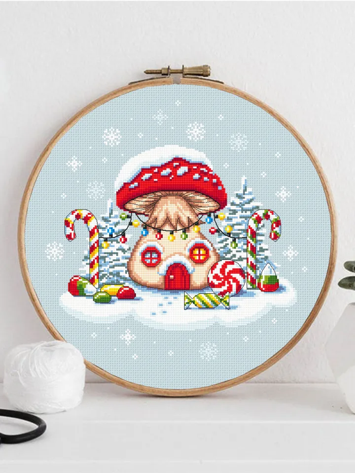 Christmas mushroom cross stitch pattern PDF download, Fairy house cross stitch chart, Magic Fly agaric Amanita, Sweet Christmas candy #N82