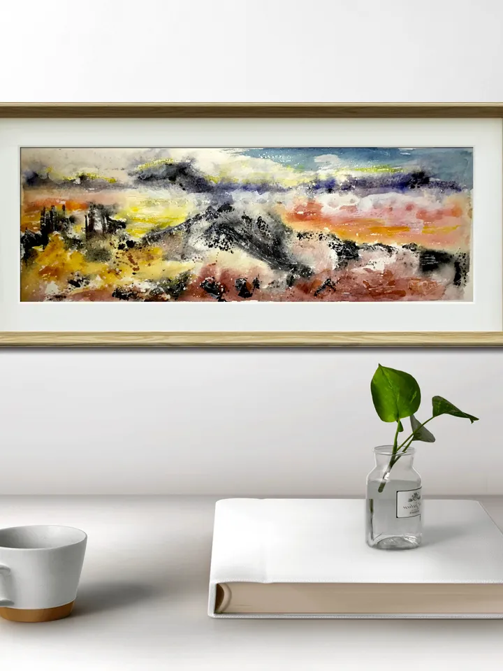 Set of 2 semi-abstract landscapes,original watercolor panoramic paintings,seascape,mountains wall art,modern home decoration,art gifts.