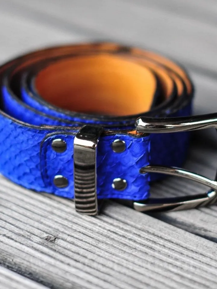 Genuine python skin blue belt | electric blue ultramarine belt | handmade leather belts | unisex belt | exotic leather belt |