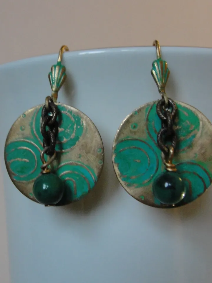 Boho Shabby chic Vintaj solid and natural brass Chrysocolla Textured patinated earrings with chain