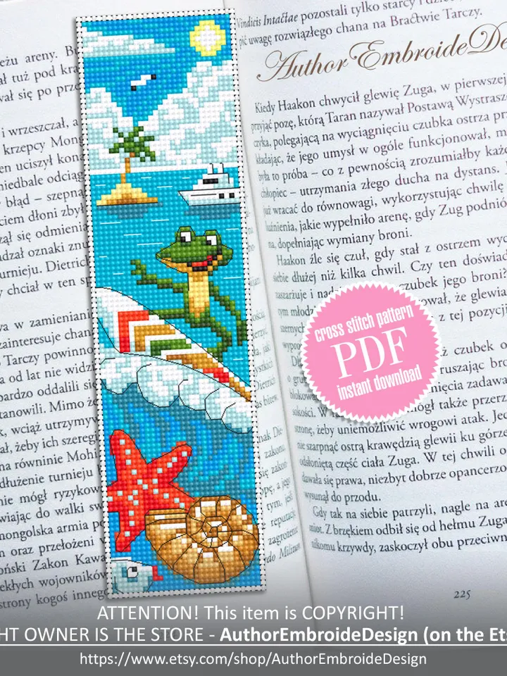 Summer bookmark cross stitch pattern PDF download Funny frog cross stitch chart, Sea bookmark pattern digital PDF, Beach vacation #B447
