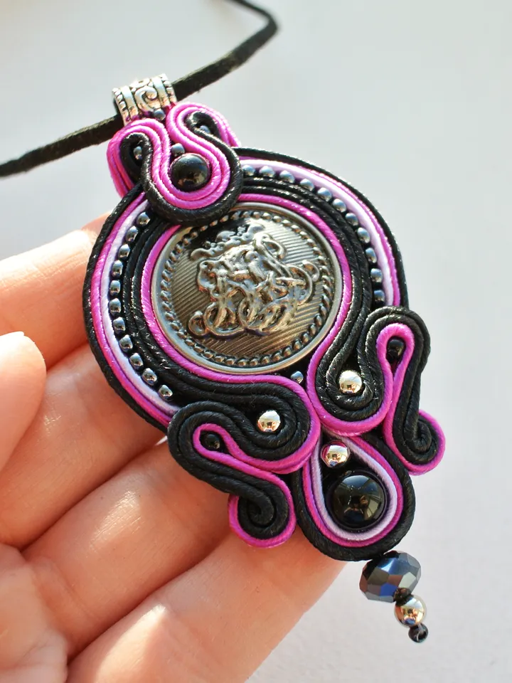 Black and pink boho necklace, Soutache pendant, Embroidered necklace, Ethnic necklace, Mandala