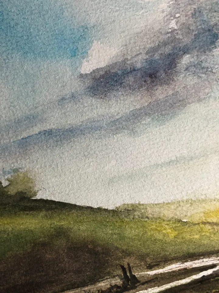 Clouds over the fields landscape original watercolour painting wall art hand painted