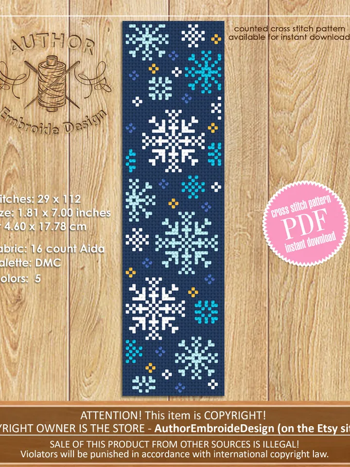 Winter bookmark cross stitch pattern PDF download Snowflakes cross stitch chart, Holiday handmade bookmark digital PDF, Christmas gift #B202
