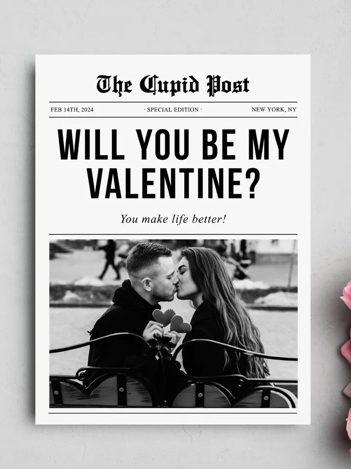 Valentines Cupid Post Newspaper, Valentises Day Newspaper Template, Will You Be My Valentine, Printable Flower Wrap, Editable Corjl Template
