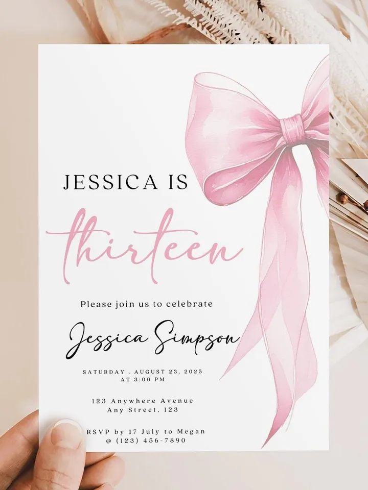 Tween Pink Bow 13th Birthday, Coquette 13th Birthday Invitation, Canva Pink Template, Editable Digital Invite, Trendy Girl Birthday Party