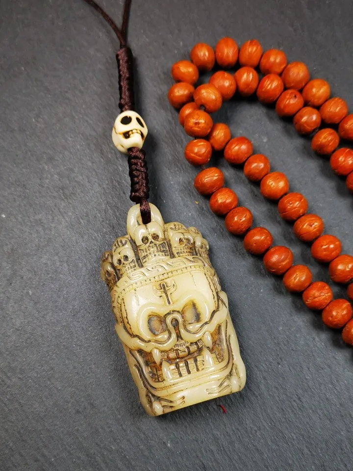 Gandhanra Tibetan Amulet,Yak Bone Carved Skull Masters of Sitavana Badge, Hand-carved Skull Pendant
