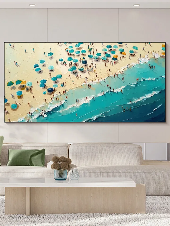 Large Original Beach Oil Painting on Canvas, Abstract Blue Seascape Painting, Texture Wall Art, Custom Painting, living room Wall Decor