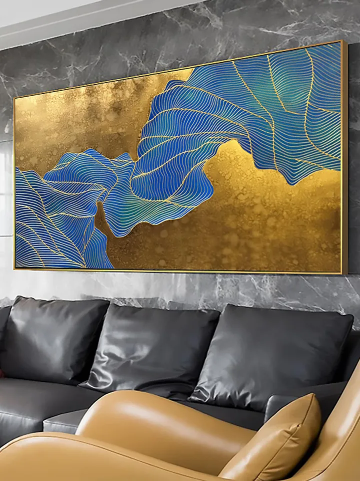 Gold Foil Oil Painting on Canvas, Large Original Abstract Gold Leaf Painting,lake water,Large Wall Art, Living room Wall Decor, Housewarming
