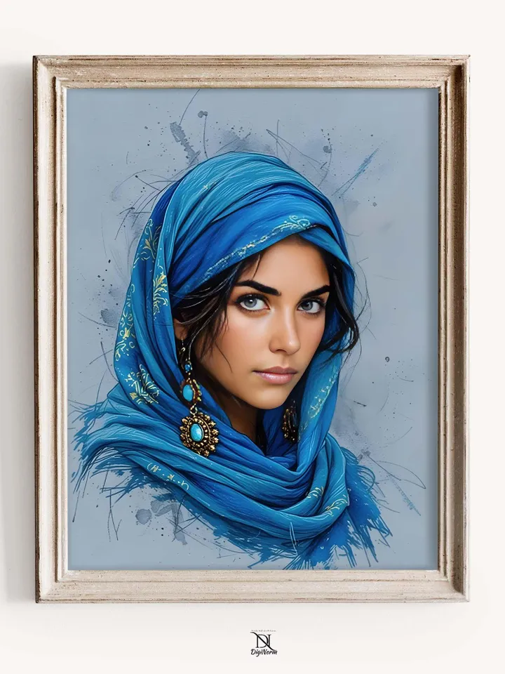 Afghan Woman Portrait Wall Art Modern Indigo Print Middle Eastern Heritage Poster Arab Woman Artwork Blue Gallery Digital Download