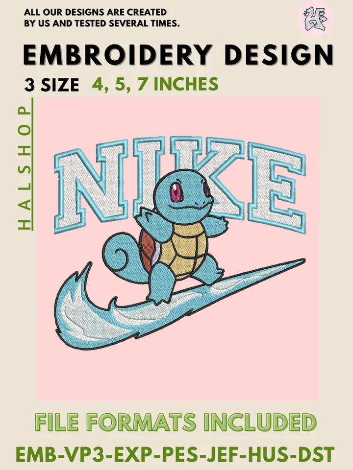 Nike Squirtle Machine Embroidery Design – Cute Pokémon Digital Embroidery File 🐢
