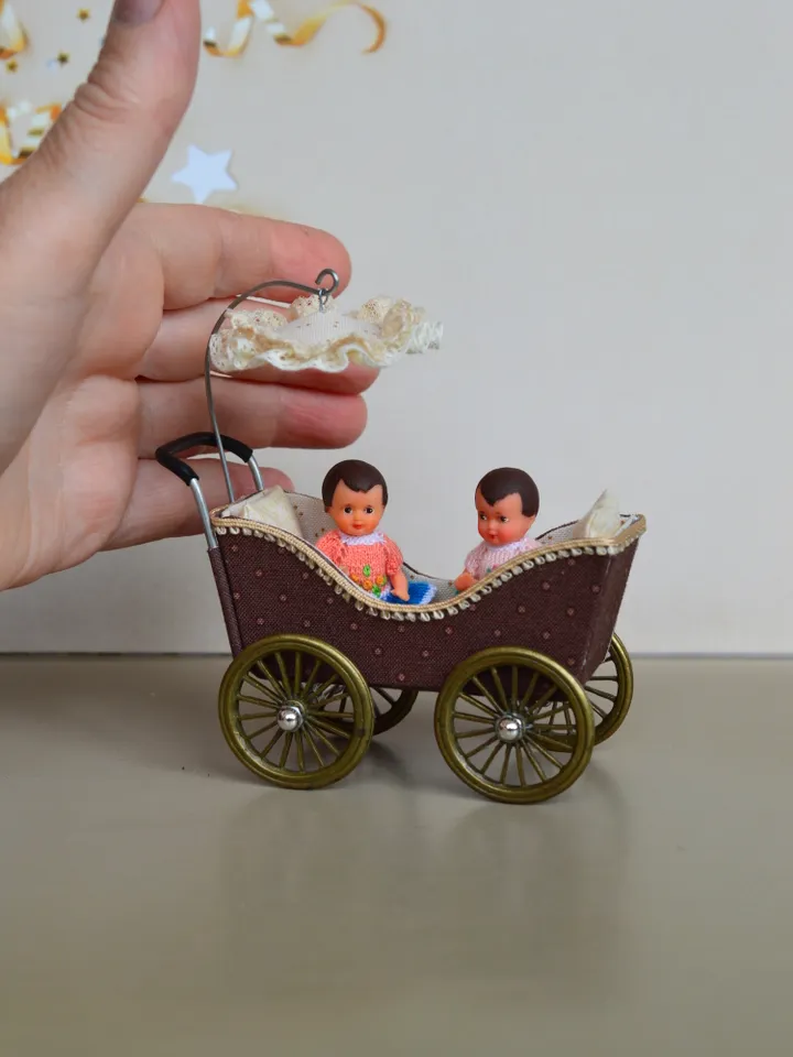 Miniature toy stroller for two small dolls. Handmade miniature stroller for small dolls.
