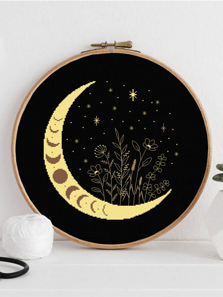 Mystical floral moon cross stitch pattern download PDF Moon phase cross stitch chart, Wildflowers blackwork pattern, Magic starry sky #L60