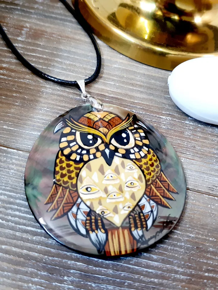 Pearl pendant necklace: Eagle Owl in style of Gustav Klimt • Awesome bird pendant for stylish women • Mystery Halloween owl amulet for witch