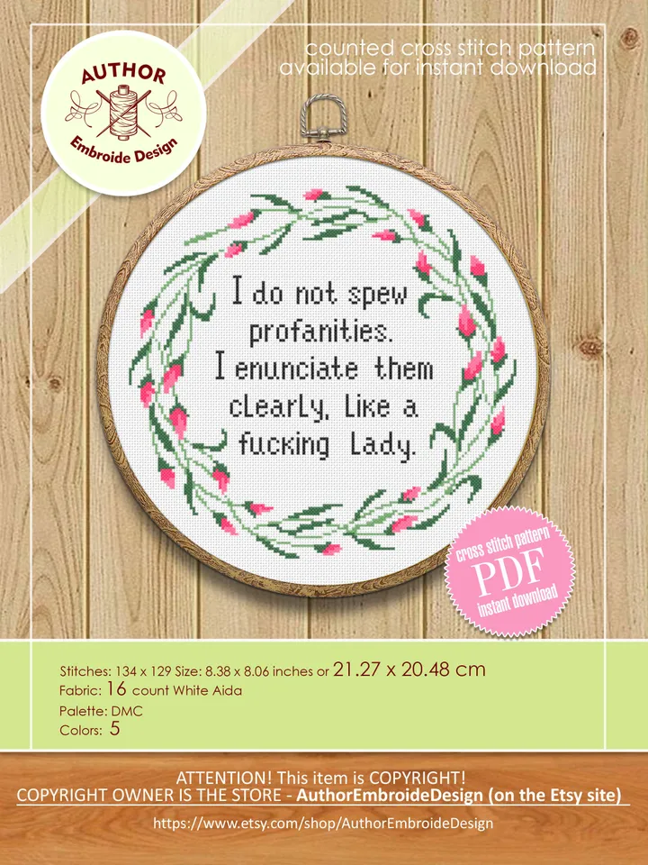 Framed quote cross stitch pattern Like a fucking lady Instant download PDF, Flower wreath cross stitch chart, Funny text cross stitch #Q37