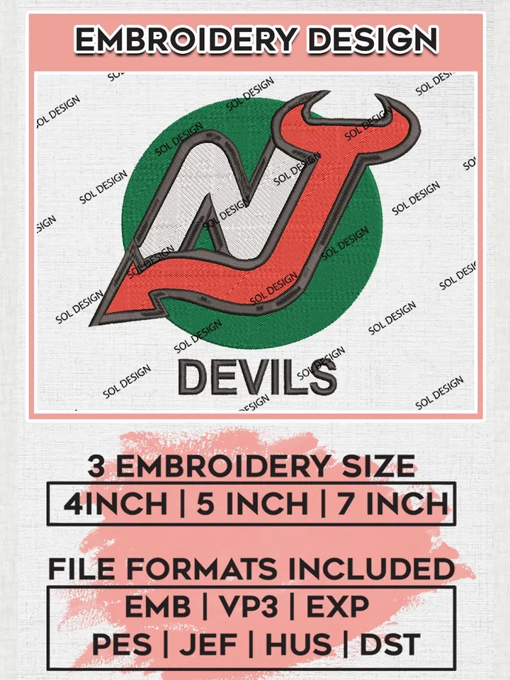 NHL New Jersey Devils Machine Embroidery Files, NHL New Jersey Devils Embroidery Designs, NHL Embroidery Designs, NHL Machine Embroidery Designs, Digital Download