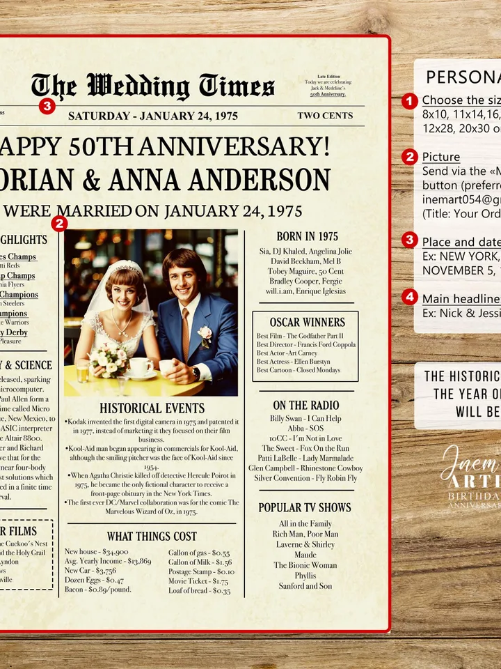 50th Wedding Anniversary Gift for Parents — 1975 Newspaper Poster, Back in 1975 Printable Decor, 50 Years Married Digital Download