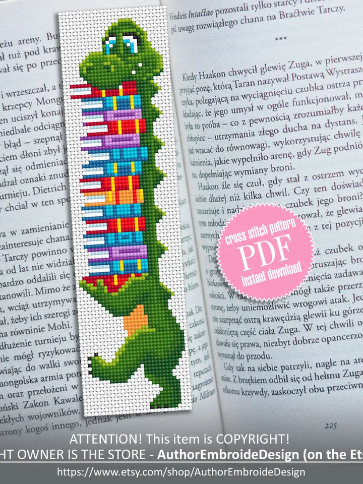 Cute bookmark cross stitch pattern digital PDF Handmade bookmark embroidery beginners Instant download Baby Dinosaur cross stitch #B14