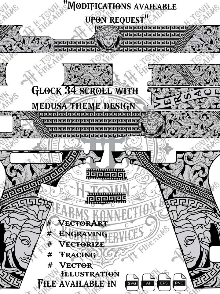 Glock 34 Scroll with Medusa Inspired Scroll With Ornamental Gun Engraving Design | Full Slide Svg Png AI EPS | Custom Laser Template