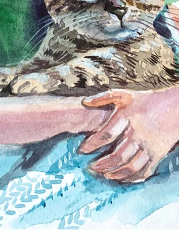 A girl with a kitten, watercolor painting, Portrait of a little girl