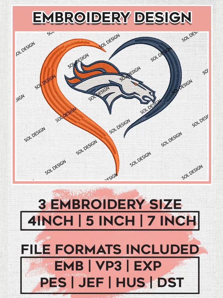 Denver Broncos Heart Embroidery Designs, NFL Broncos Embroidery Designs, NFL Embroidery Designs, NFL Denver Broncos Machine Embroidery Design, Digital Download