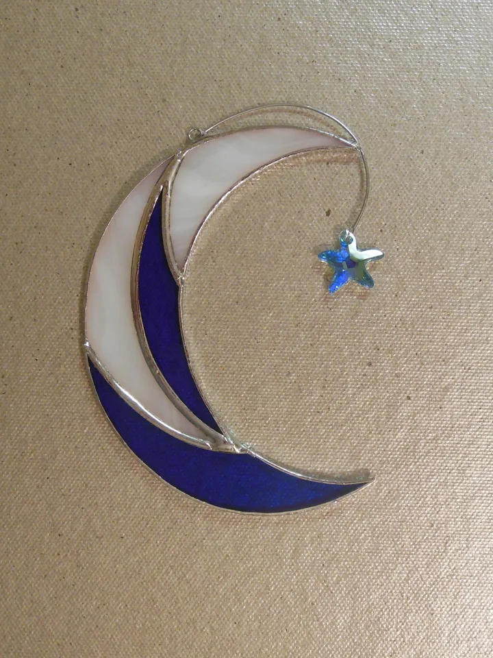 Moon with Shooting Star Swarovski Сrystal . Stained glass window hanging Suncatcher , idea for anniversary , birthday and Christmas gift